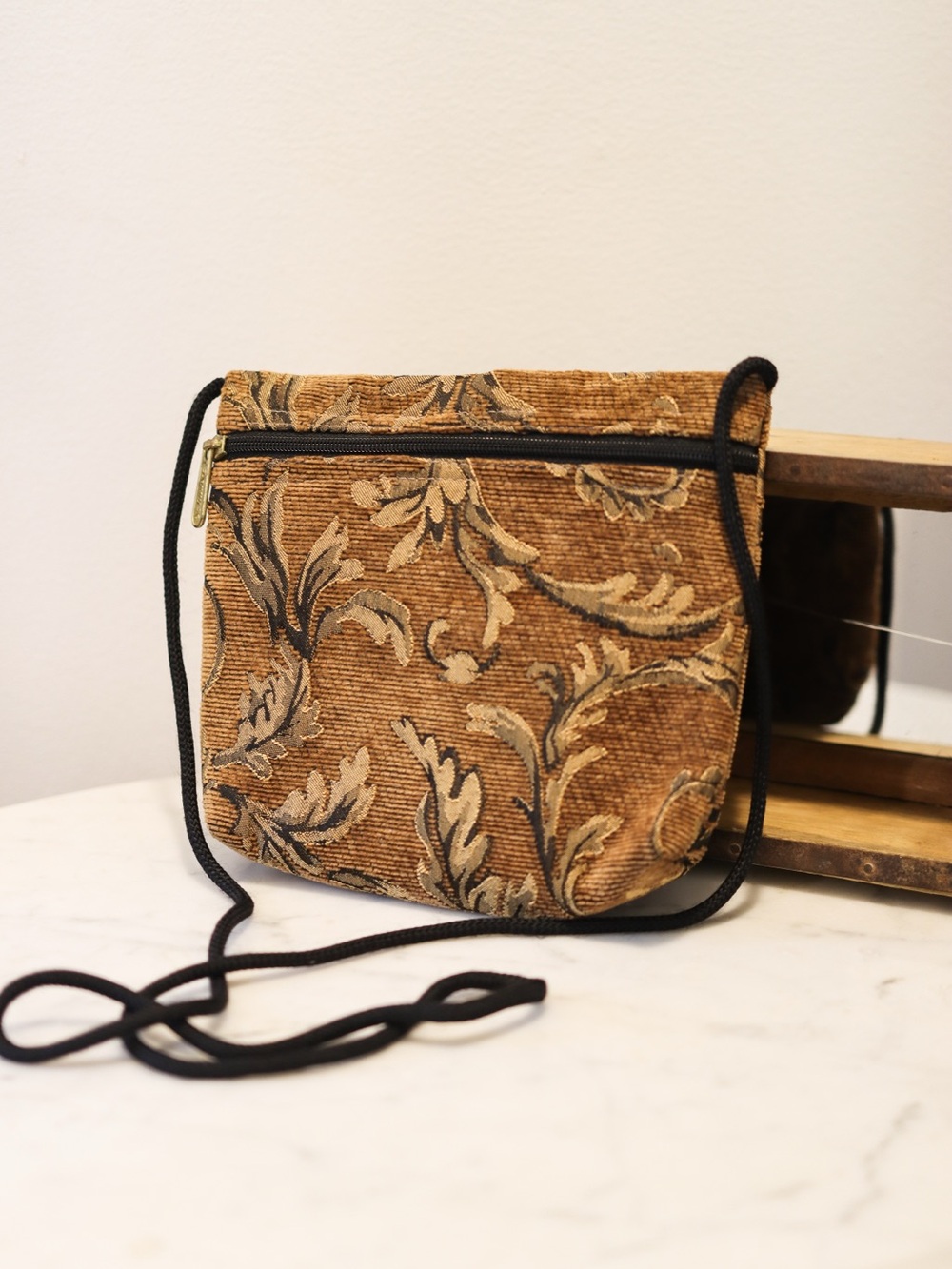 Danny K. Tapestry Floral Brown Crossbody Bag with Black Strap